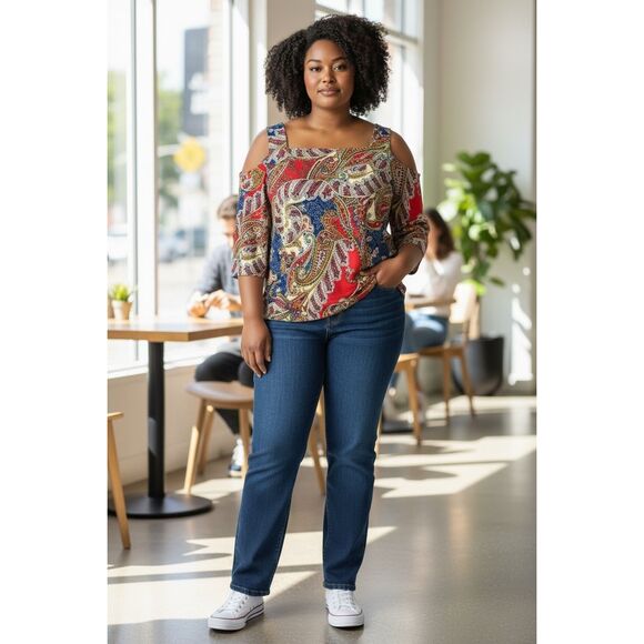 Chico’s Blue Multicolor Paisley Blouse Size 3 (XL/16) Cold-Shoulder Stretch - Picture 1 of 14